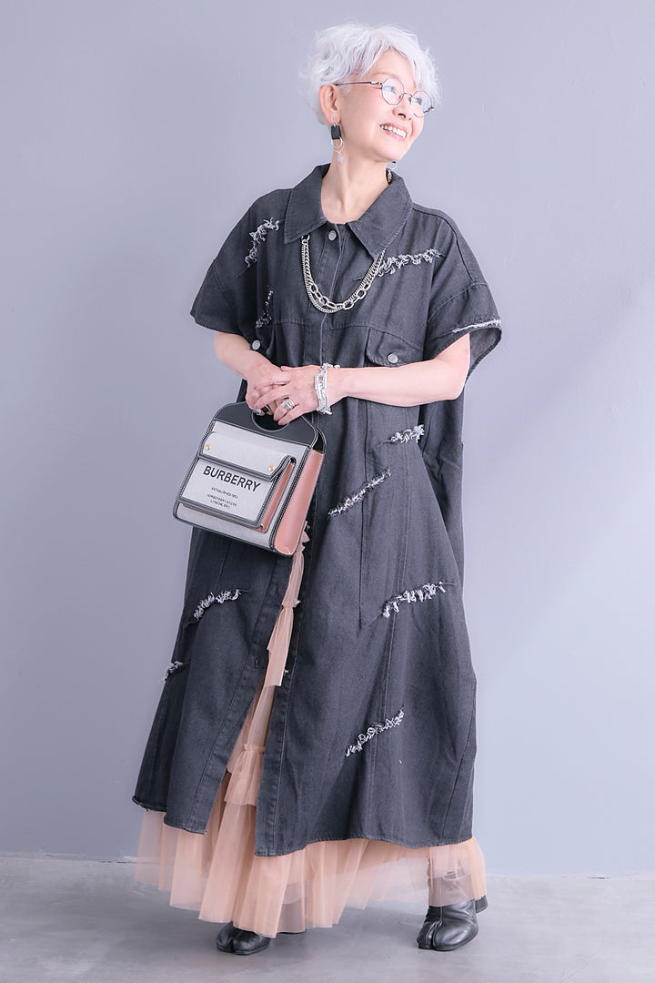 【SET】ダメージデニムシャツワンピース+タッセルチュールティアードスカート(2set)