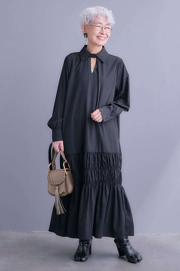 【予約】コードキーネックシャーリングデザインワンピース