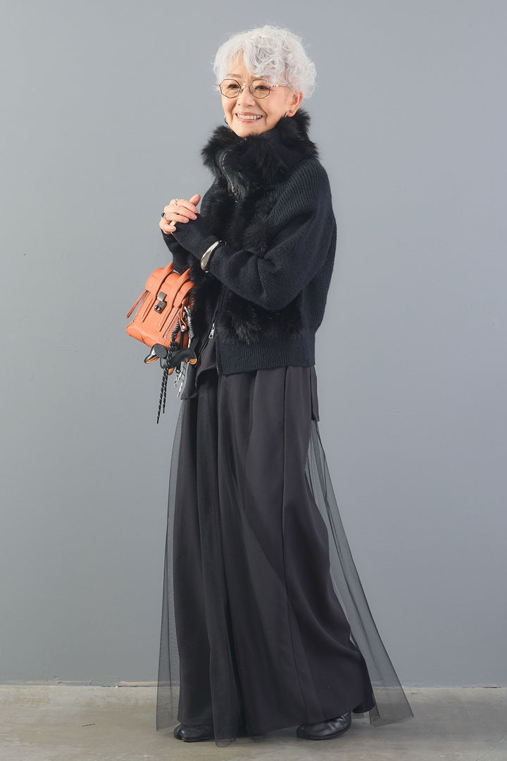 【SET】アレンジネックファーZIPニット+アシメチュールレイヤードワイドパンツ(2set)