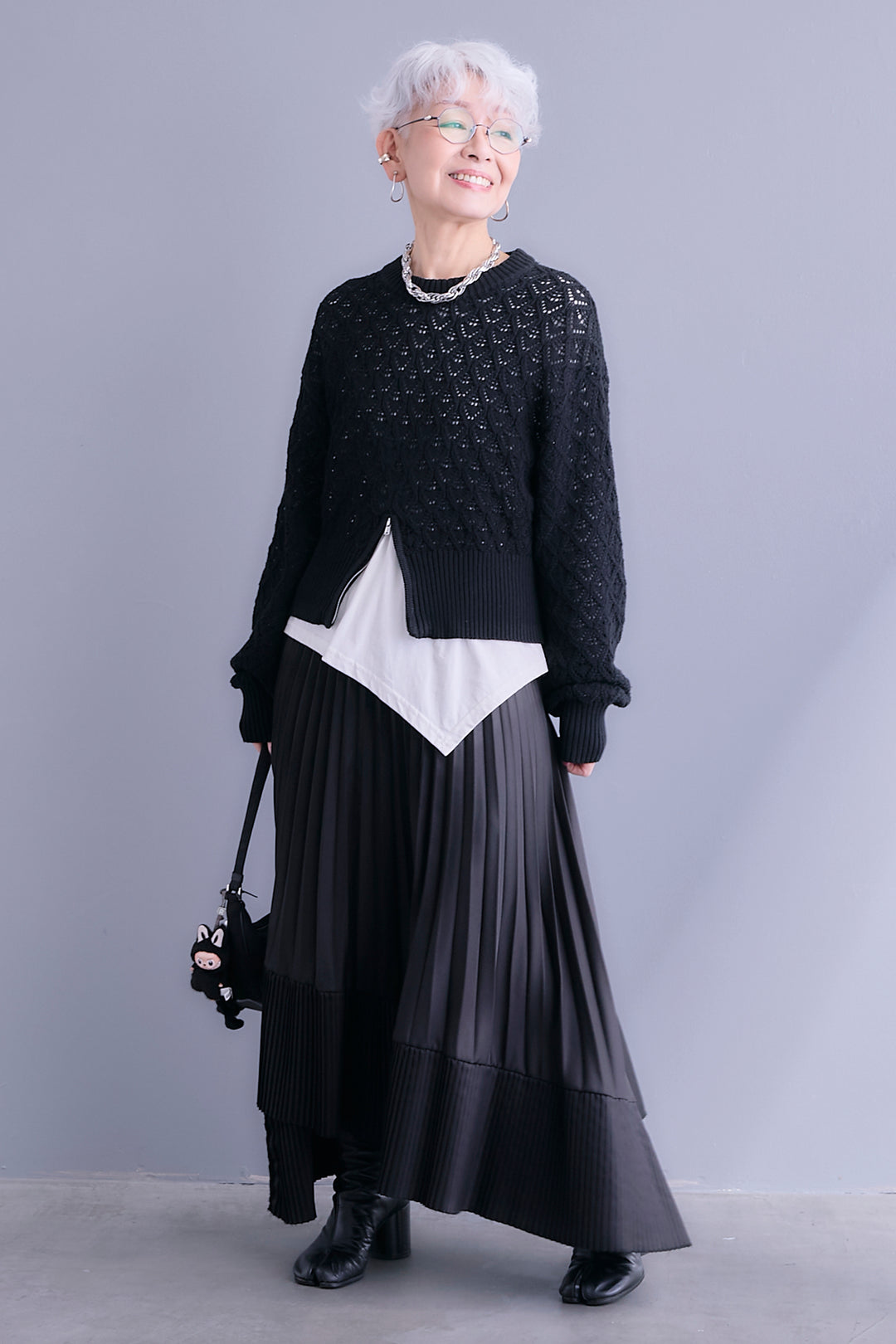 【SET】透かし編みフロントZIPニット+アシンメトリーロンT+アシンメトリープリーツスカート(3set)