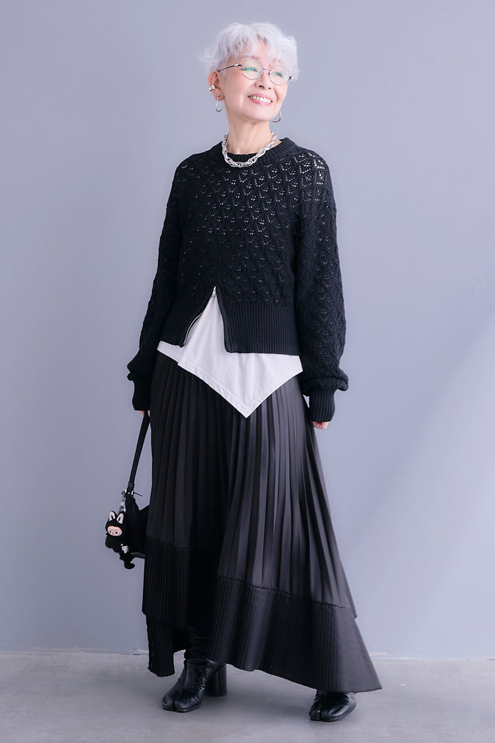 【SET】透かし編みフロントZIPニット+アシンメトリーロンT+アシンメトリープリーツスカート(3set)