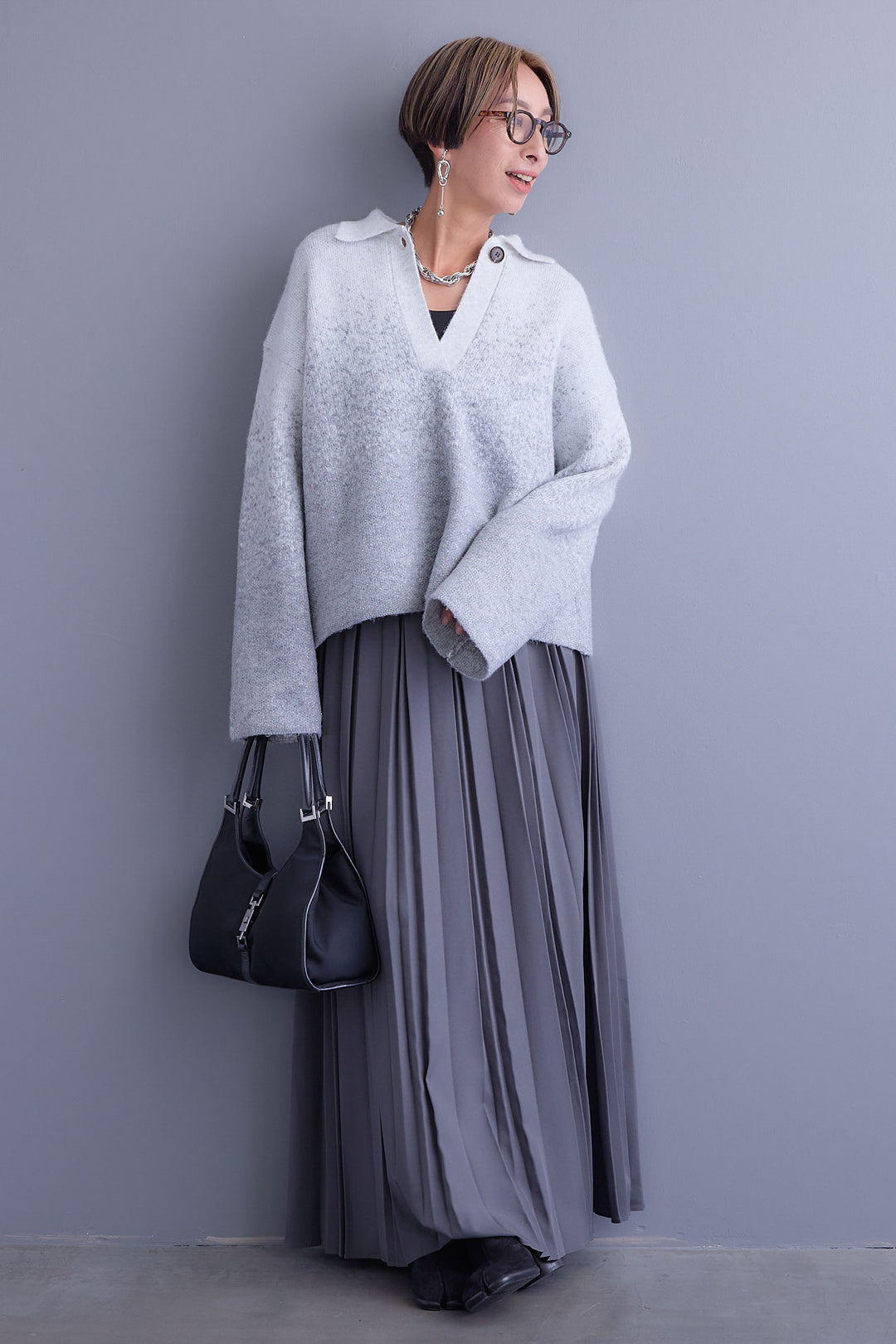 【SET】グラデーションラメキーネックニット+ダブルプリーツロングスカート(2set)