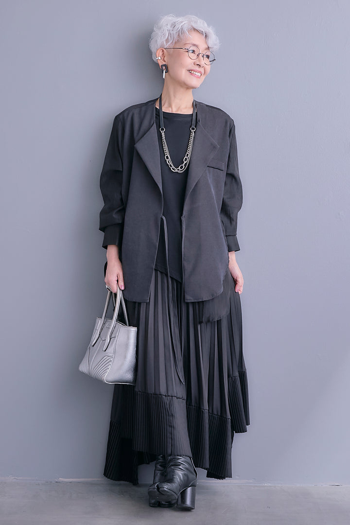 【SET】シアーシャツドッキングジャケット+アシンメトリーロンT+アシンメトリープリーツスカート(3set)