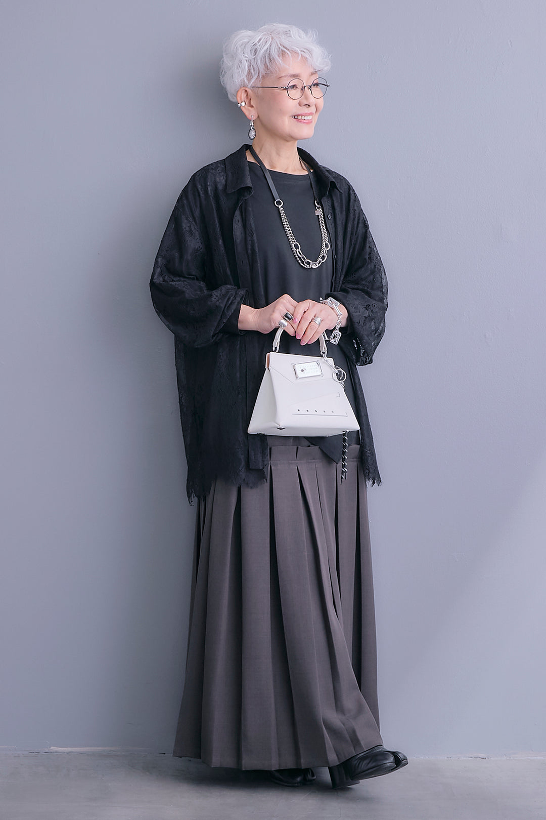 【SET】アイラッシュレースボリュームスリーブシャツ+アシンメトリーロンT+ボックスプリーツロングスカート(3set)