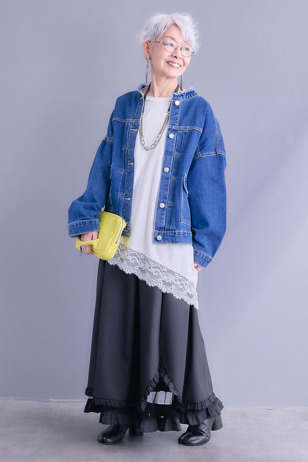 【SET】ノーカラーオーバーサイズデニムジャケット+ヘムレースアシメロンT+ヘムチュールレイヤードフリルスカート(3set)