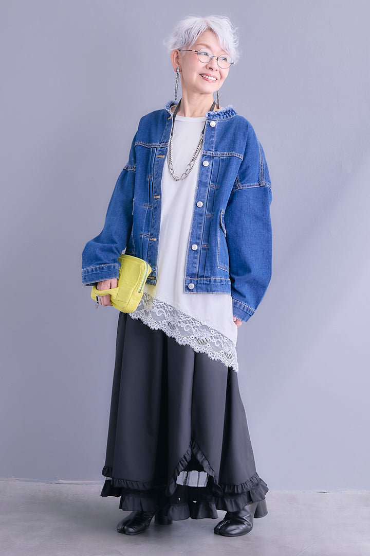 【SET】ノーカラーオーバーサイズデニムジャケット+ヘムレースアシメロンT+ヘムチュールレイヤードフリルスカート(3set)