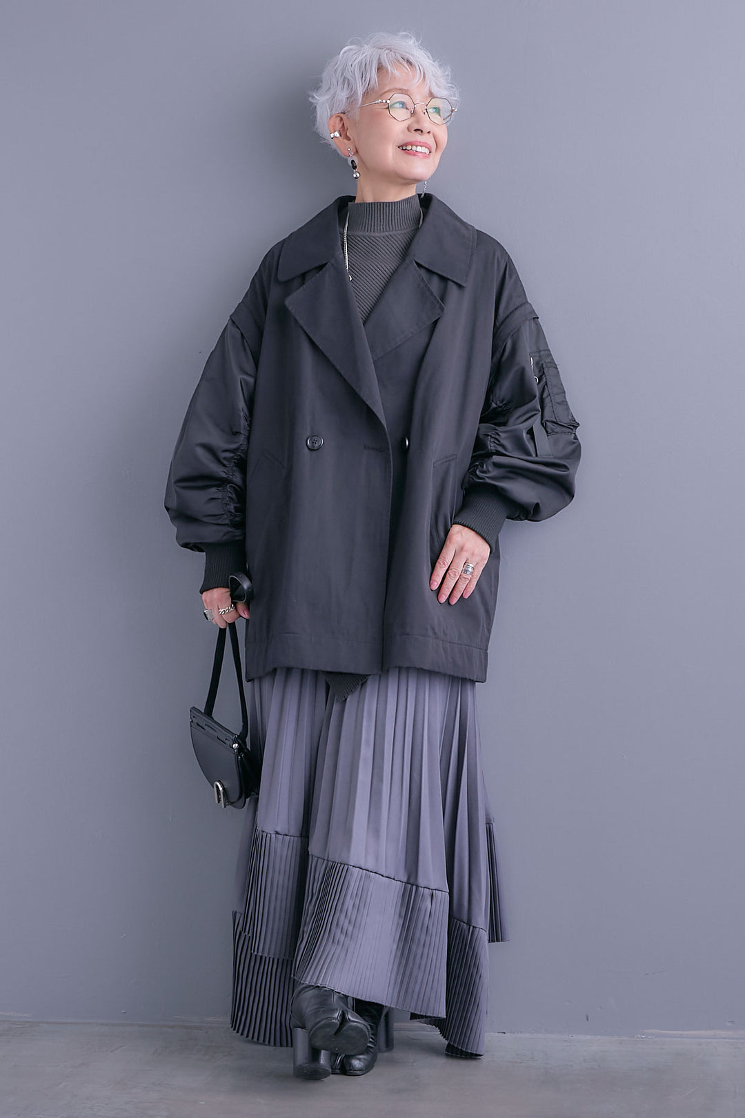 【SET】アシンメトリーオーバーニット+シャーリングMA-1オーバートレンチ【2WAY】+アシンメトリープリーツスカート(3set)