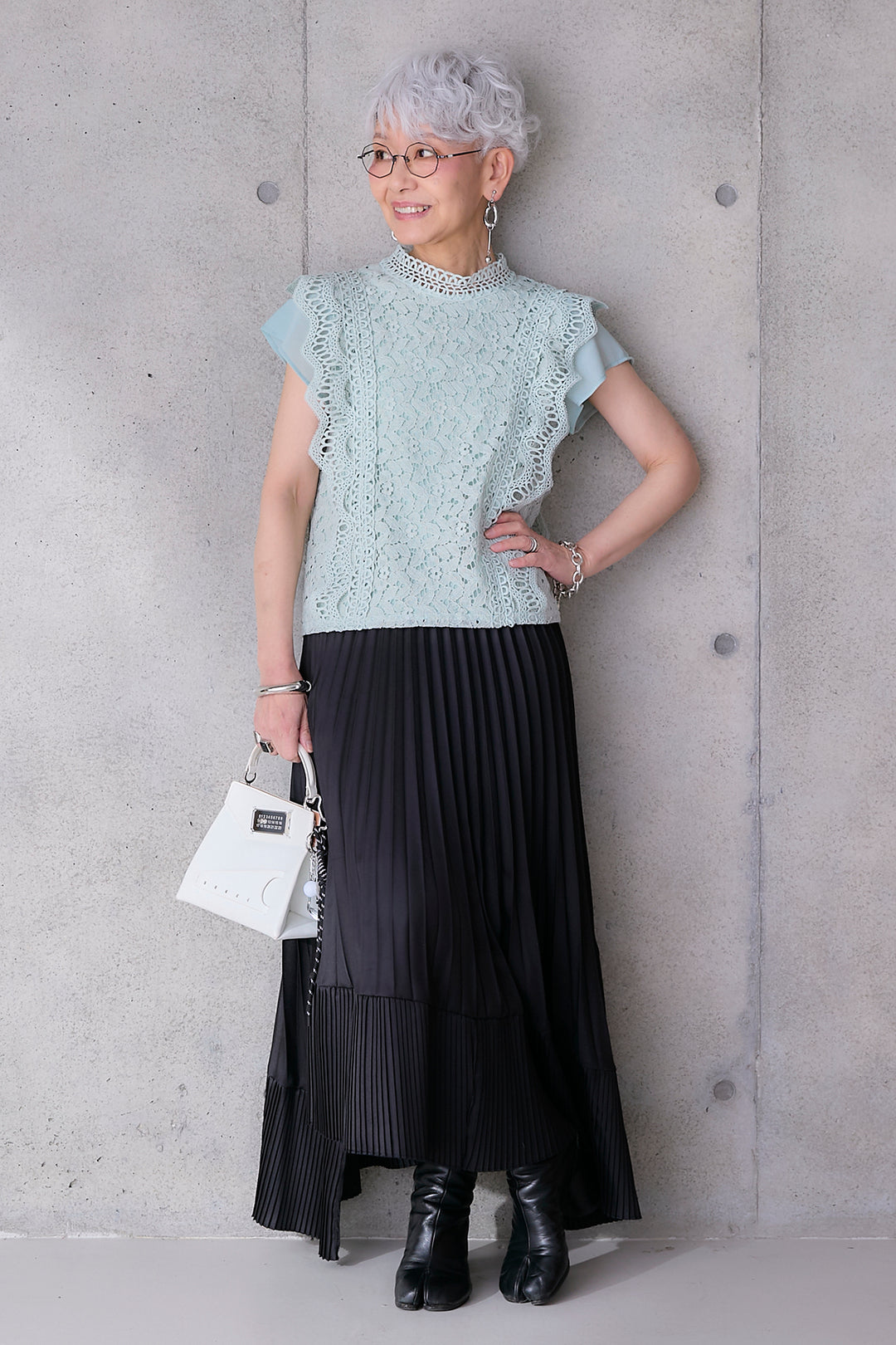 【SET】接触冷感スタンドカラーフレンチスリーブレースブラウス+アシンメトリープリーツスカート(2set)