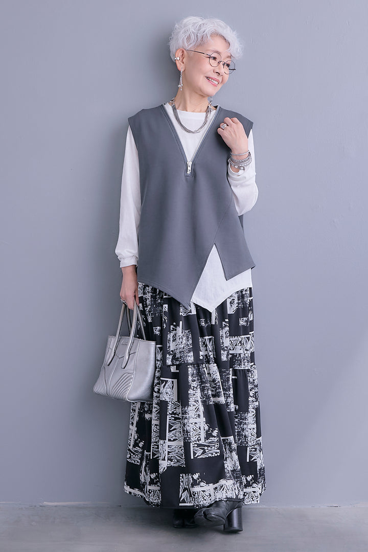 【SET】ZIPオープンVネックベスト+アシメロンT+スズランモノトーンフレアスカート(2set)