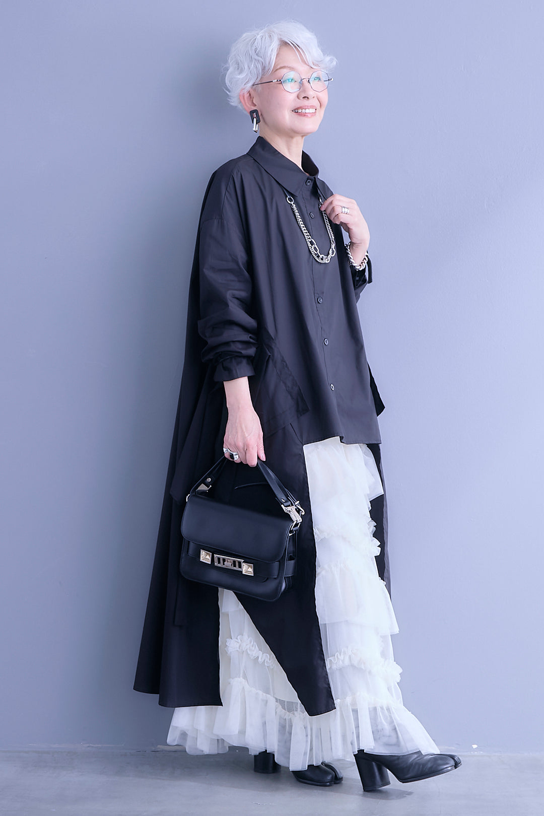 【SET】ロングテールアシメカットデザインシャツ+ペタルティアードチュールスカート(2set)