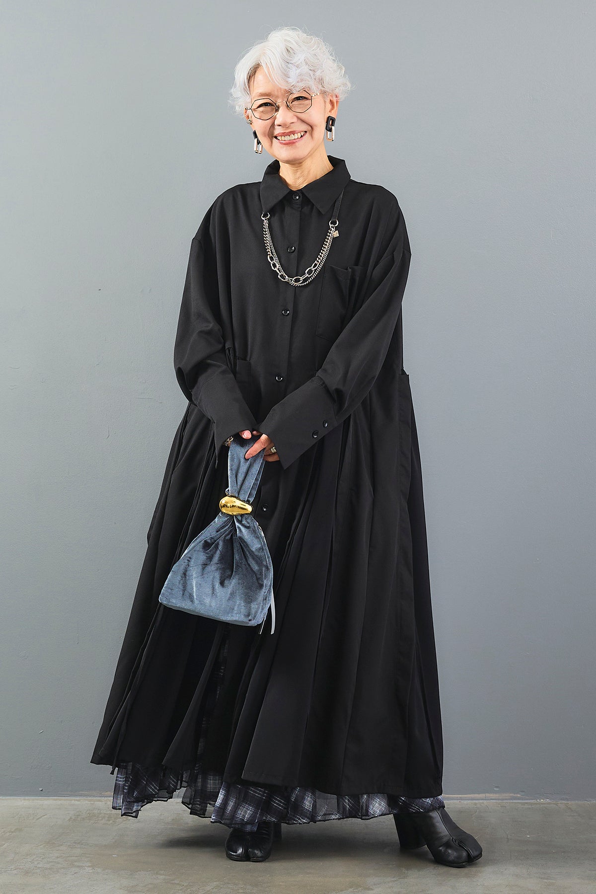 SET】サイドコードギャザーシャツワンピース+チェックパターンランダム