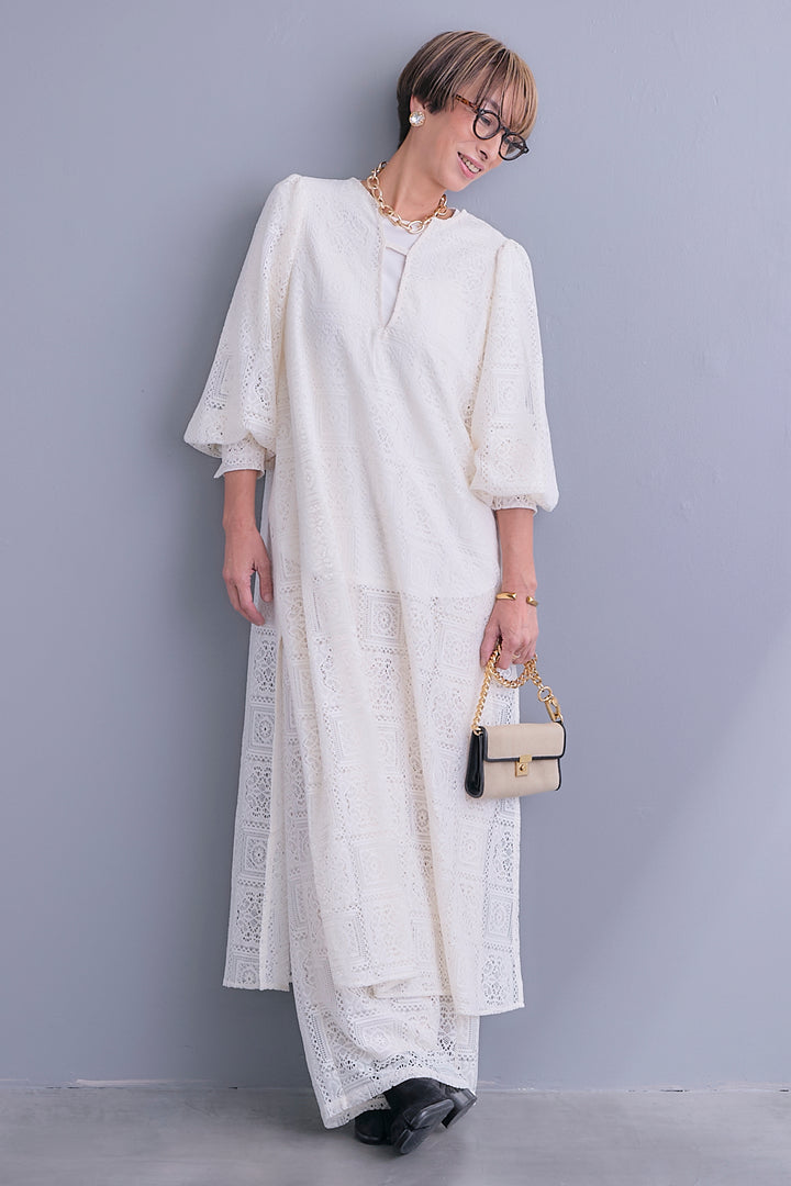 【予約】ブロックレースボリュームスリーブワンピース