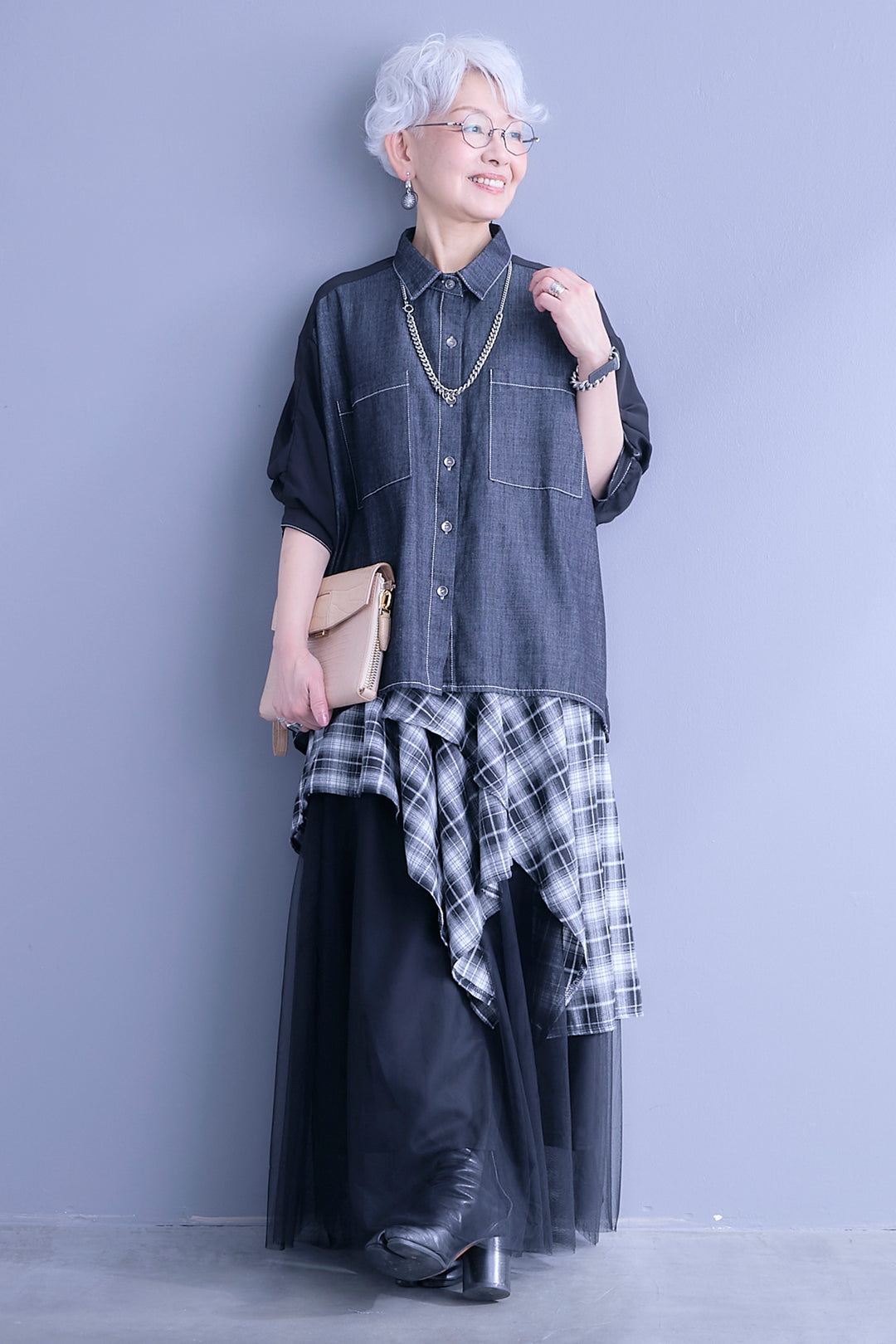 【SET】デニム×シフォンパフスリーブシャツ+チェックスカーフドッキングチュールスカート(2set)
