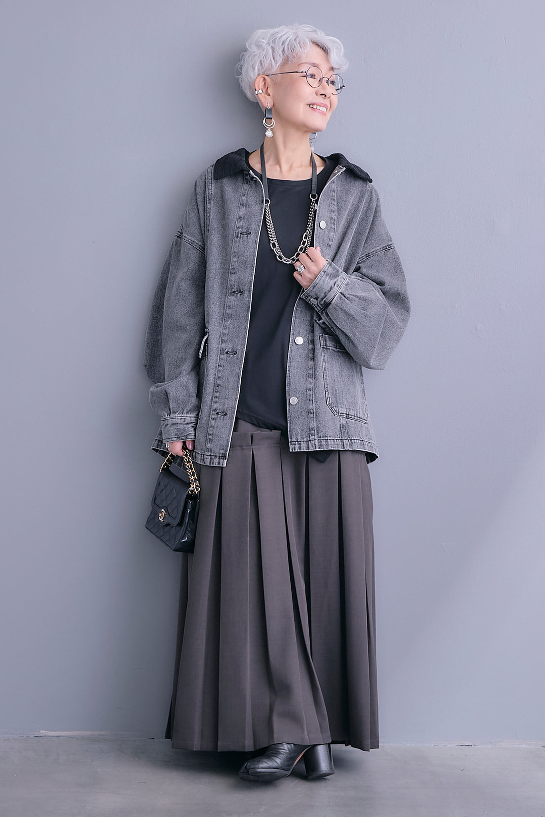 【SET】コーデュロイカラー10ozデニムジャケット+アシンメトリーロンT+ボックスプリーツロングスカート(3set)