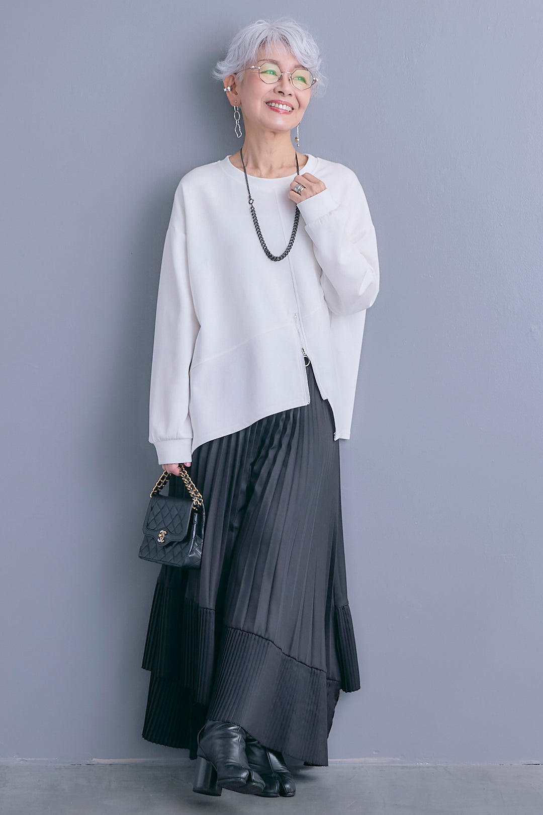 【SET】アシメリングZIPデザインプルオーバー+アシンメトリープリーツスカート(2set)