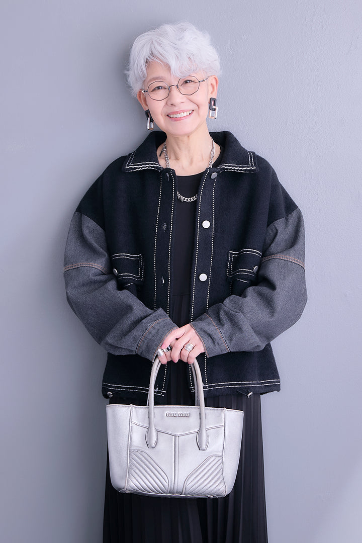 【SET】ステッチニット×デニムスリーブジャケット+プリーツストレッチロングワンピース(2set)