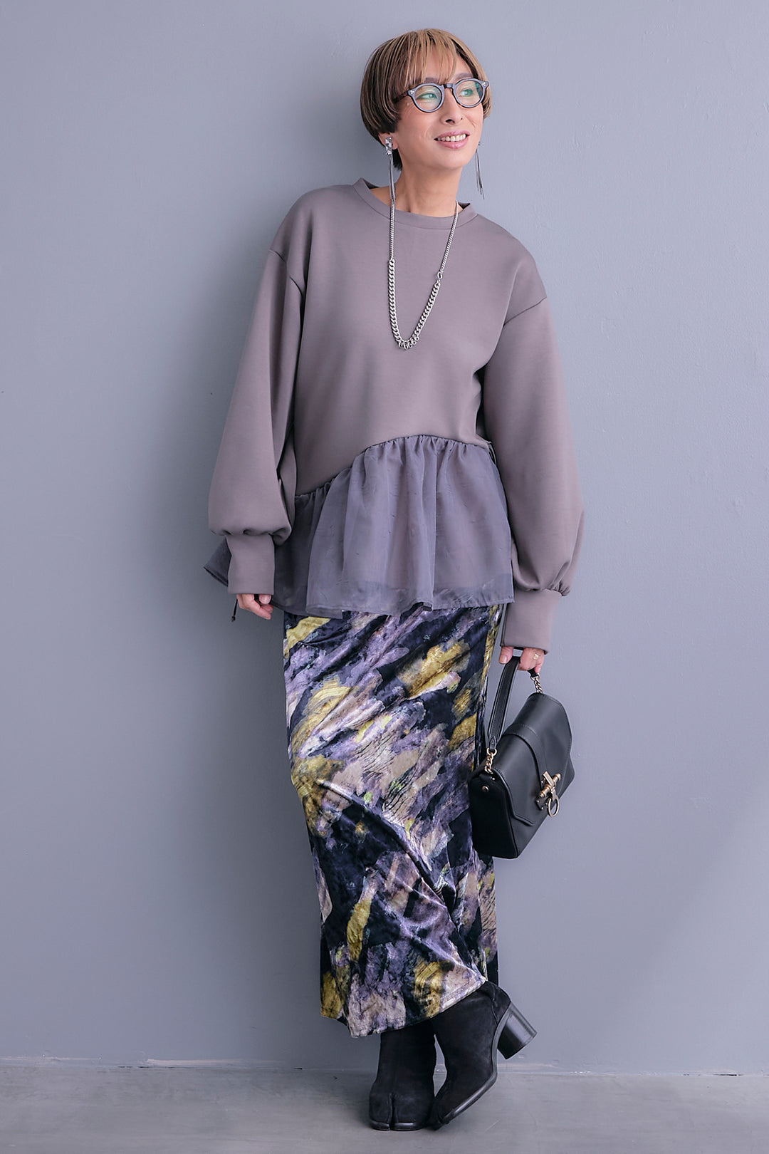 【SET】アシメペプラムオーガンジートップス+ベロアニュアンスアートスカート(2set)