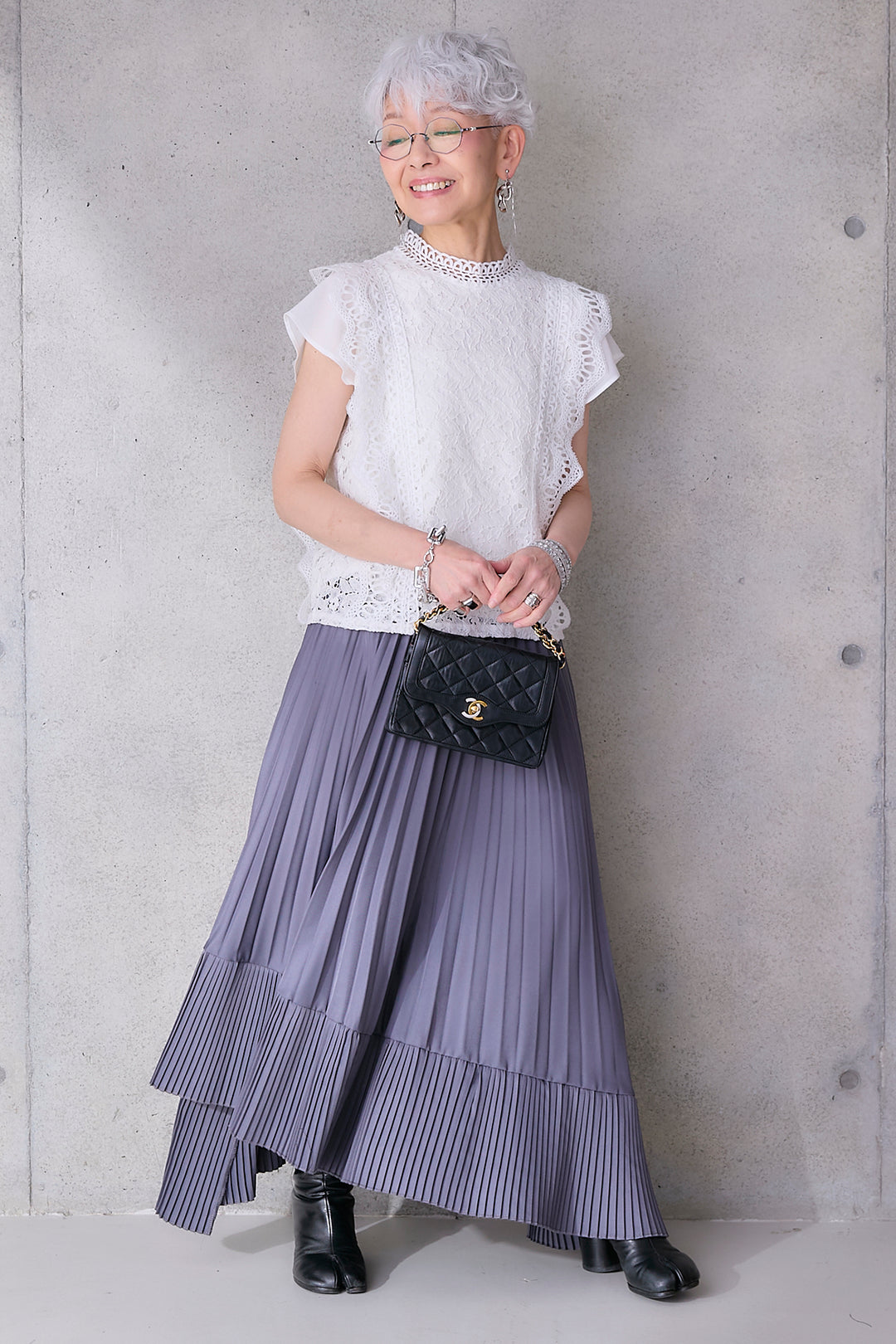 【SET】接触冷感スタンドカラーフレンチスリーブレースブラウス+アシンメトリープリーツスカート(2set)