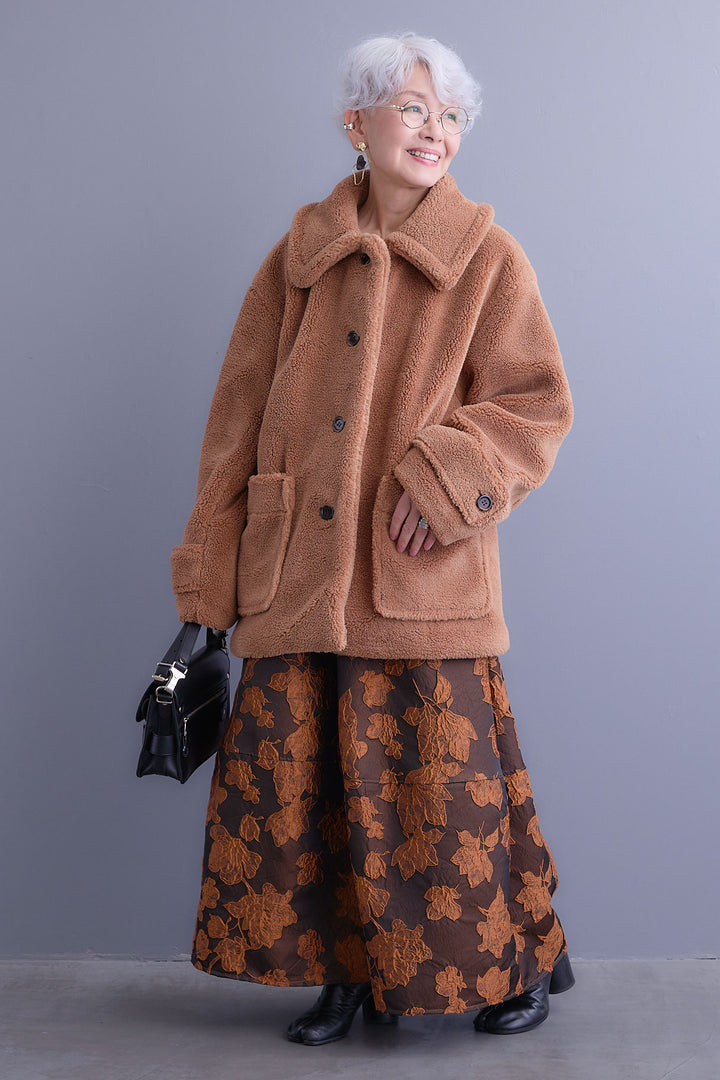 【SET】テディボアフラットカラーコート+ジャガードフラワースカート(2set)