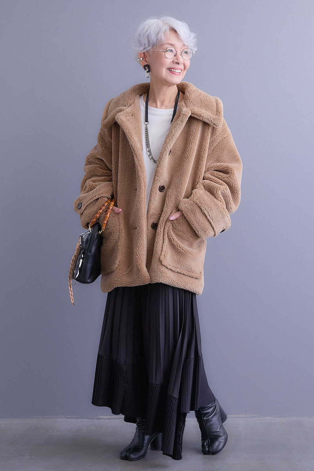 【SET】テディボアフラットカラーコート+アシンメトリープリーツスカート(2set)