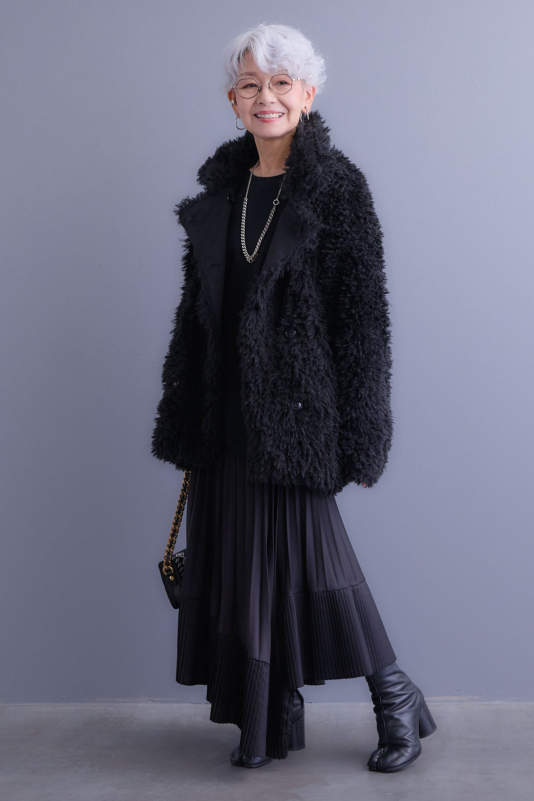 【SET】アシンメトリーロンT+プードルボア2WAYカラーコート+アシンメトリープリーツスカート(3set)