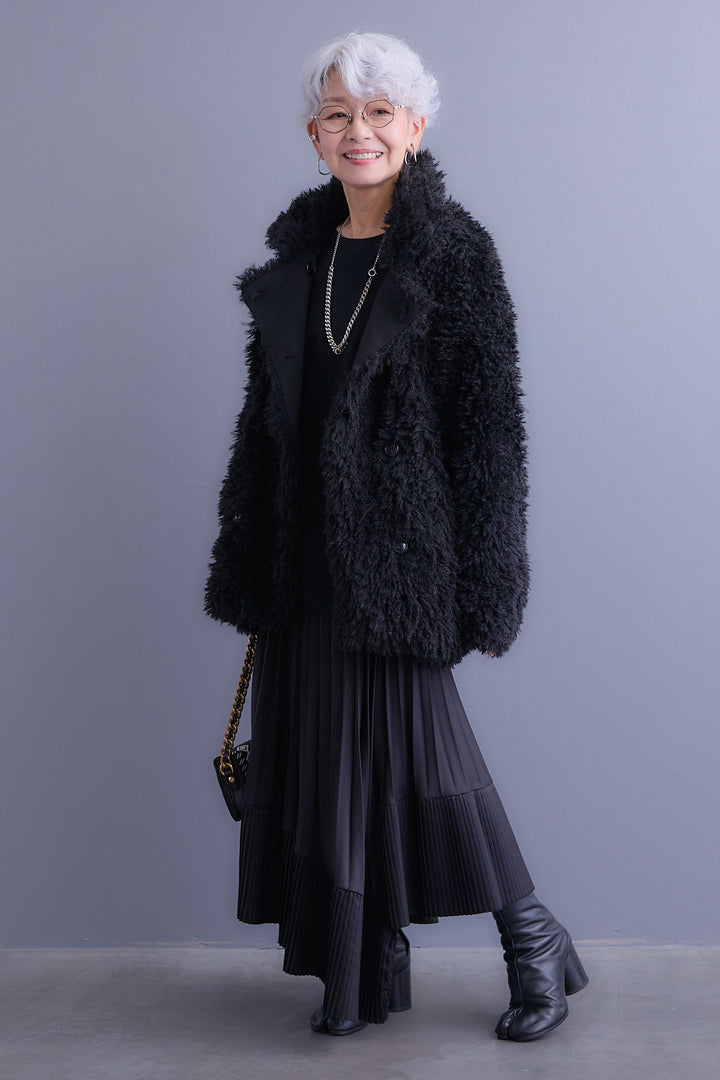 【SET】アシンメトリーロンT+プードルボア2WAYカラーコート+アシンメトリープリーツスカート(3set)