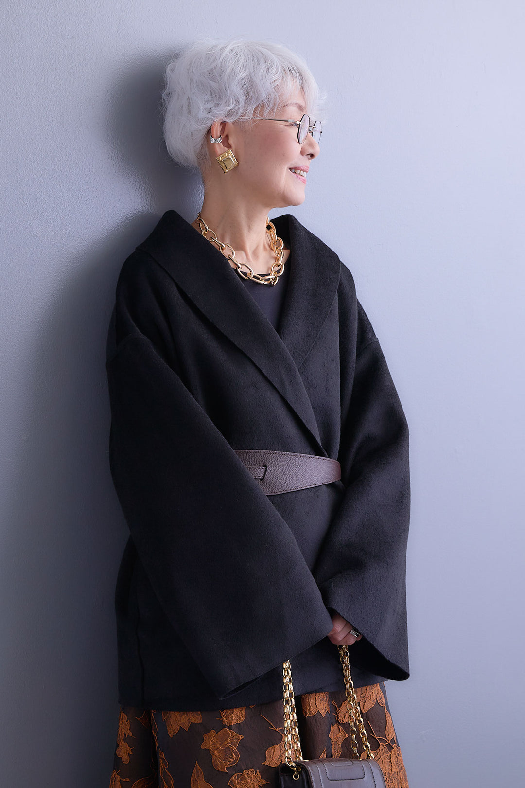 【SET】メルトンソフトショールカラーコート【ベルト付き】+ジャガードフラワースカート(2set)