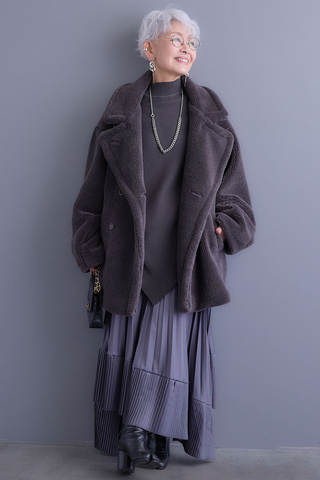 【SET】アシンメトリーオーバーニット+テディボアミディコート+アシンメトリープリーツスカート(3set)