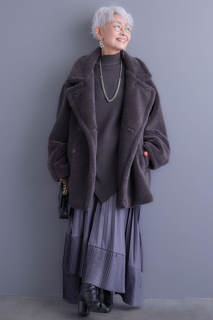 【SET】アシンメトリーオーバーニット+テディボアミディコート+アシンメトリープリーツスカート(3set)