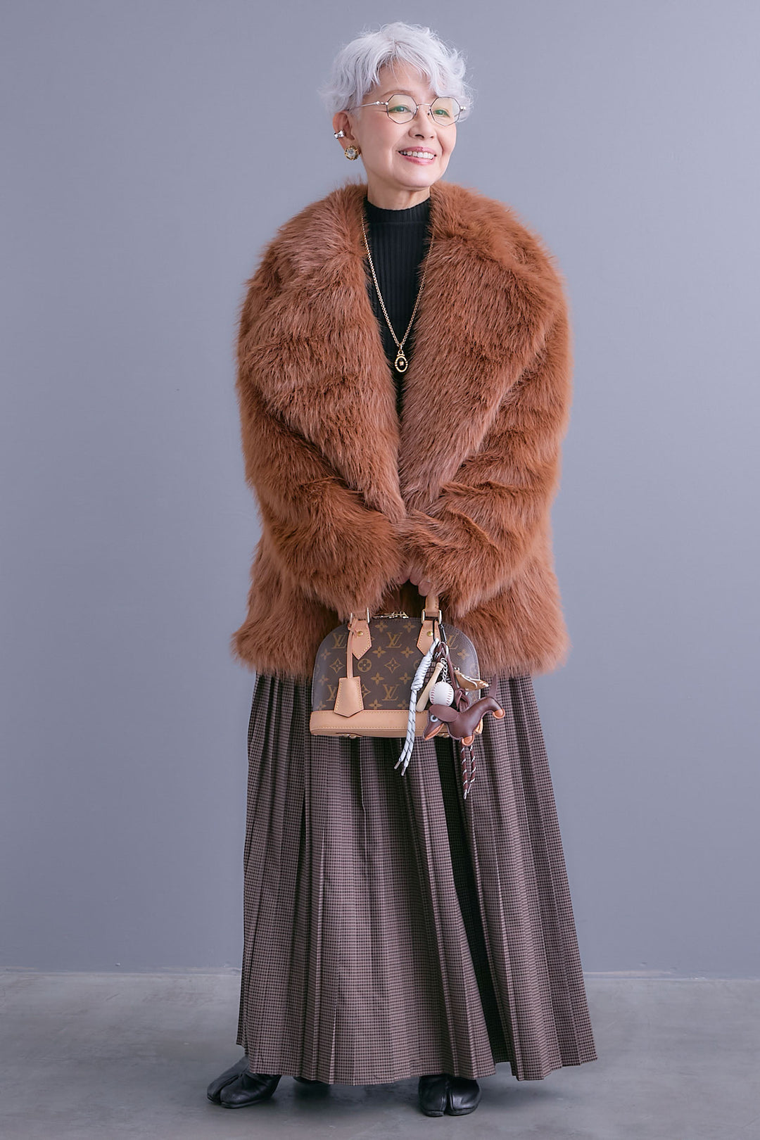 【SET】テーラードカラーファーコート+グレンチェックプリーツスカート(2set)