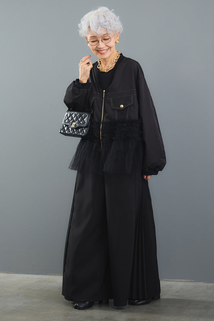 【SET】チュールドッキングブルゾン+サイドプリーツワイドパンツ(2set)