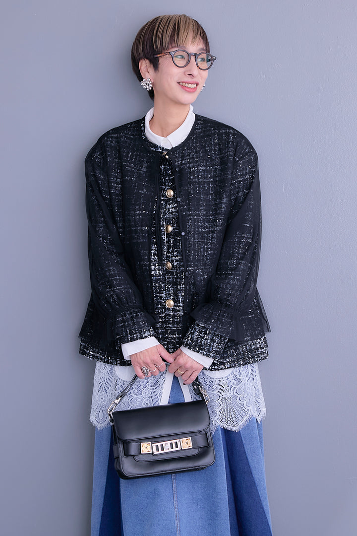 【SET】ツイード×チュールレイヤードノーカラージャケット+ヘムレースロングシャツ+プリーツタックデニムスカート(3set)
