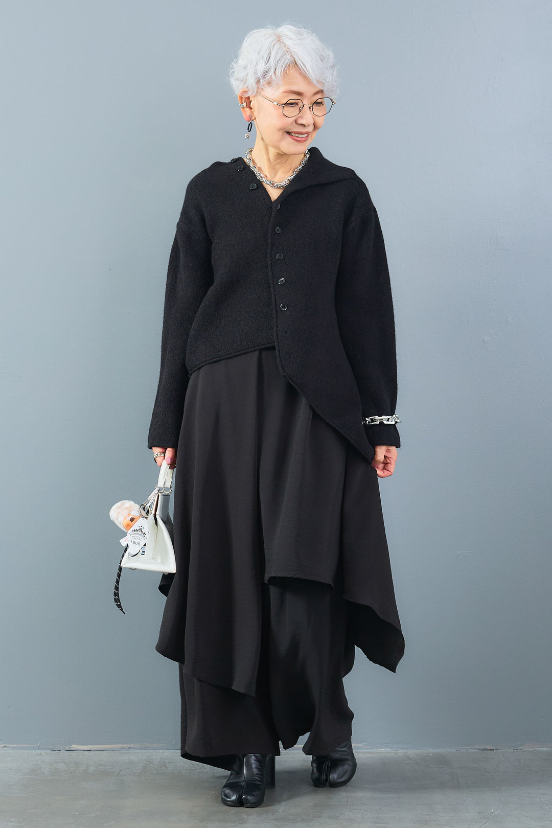 【SET】アシメハイネックボタンニット+アシメレイヤードワイドパンツ(2set)