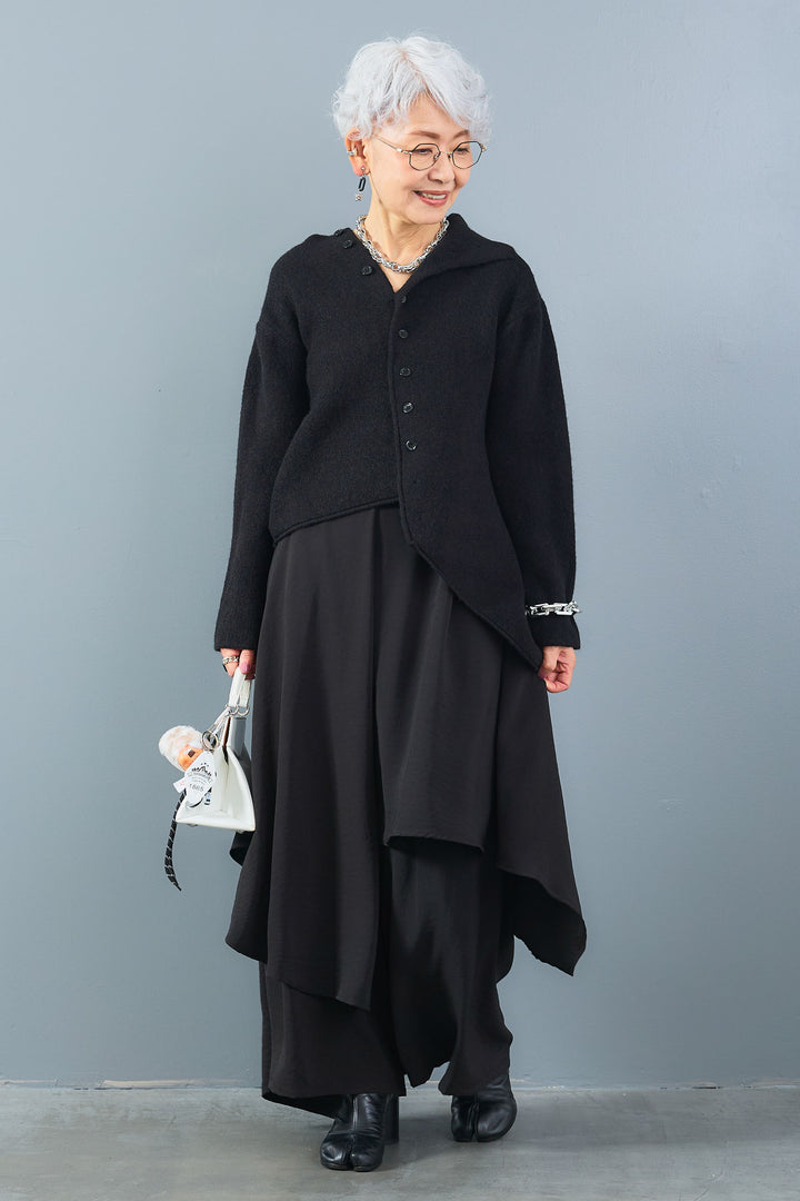 【SET】アシメハイネックボタンニット+アシメレイヤードワイドパンツ(2set)