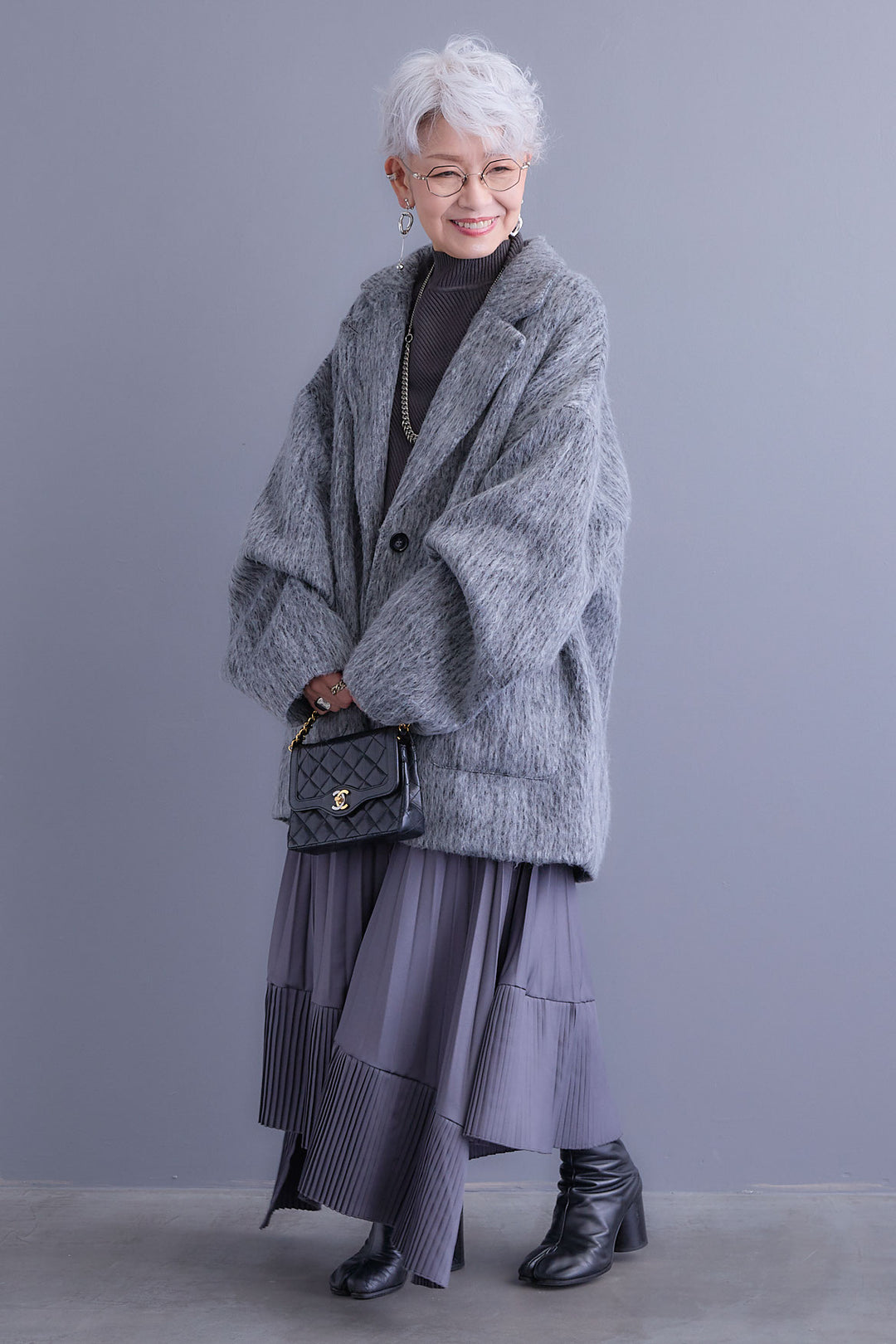 【SET】アシンメトリーオーバーニット+シャギーテーラードコート+アシンメトリープリーツスカート(3set)