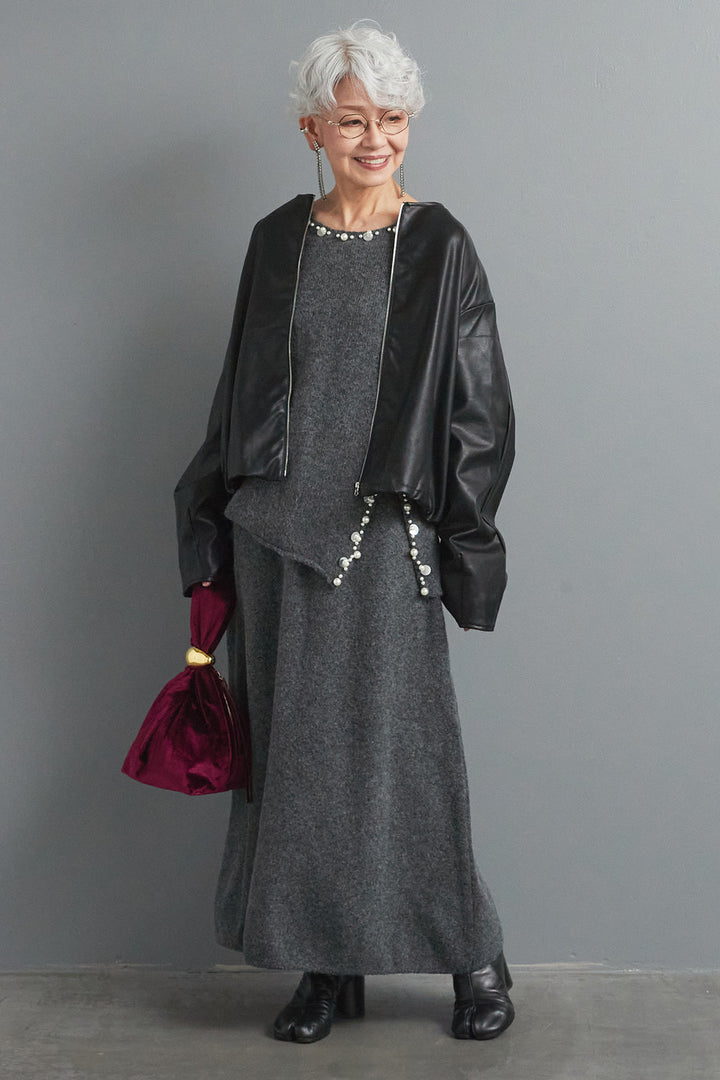 【SET】ビジューニットセットアップ+ラウンドシルエットエコレザーノーカラージャケット(2set)