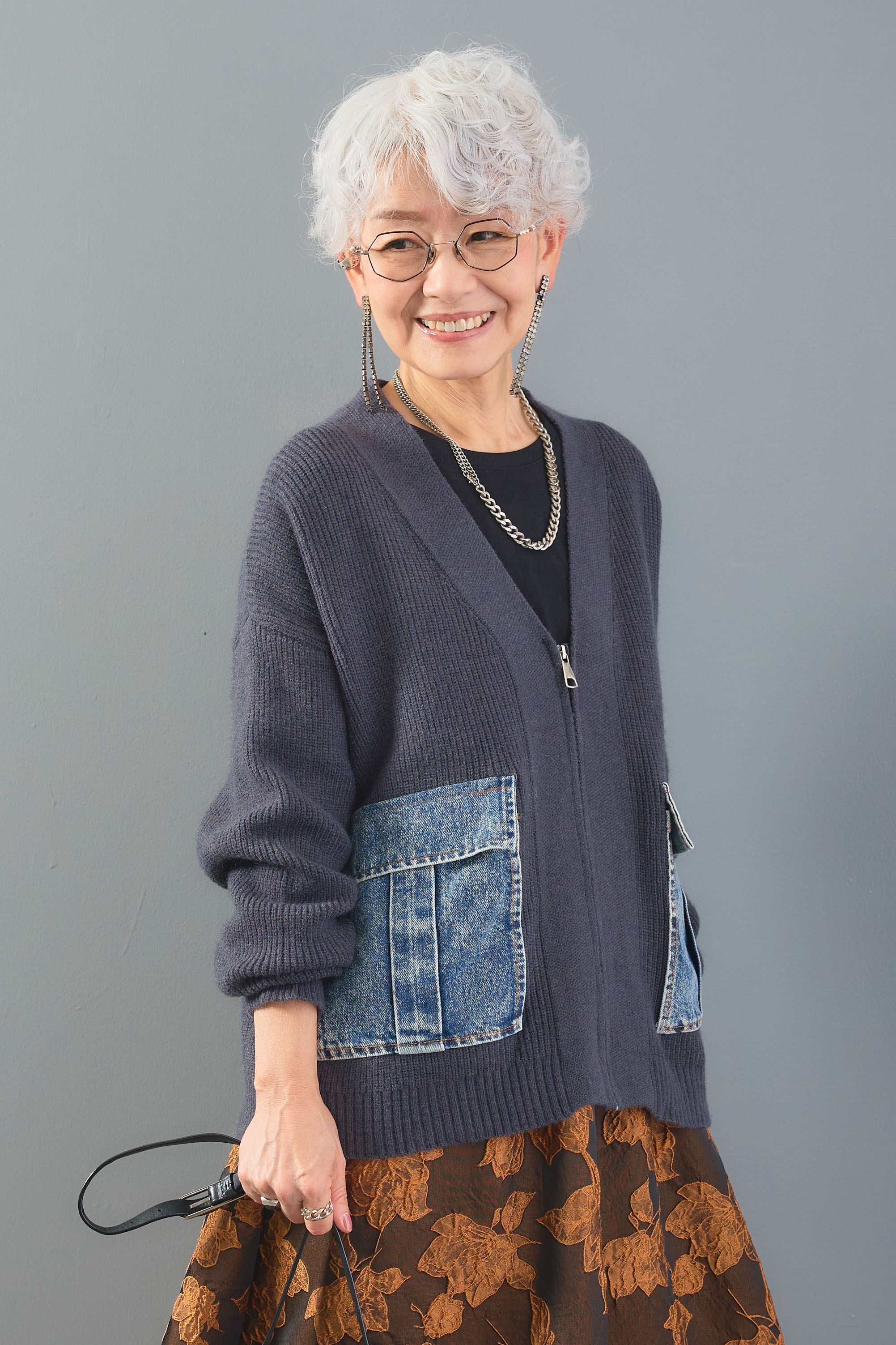 SET】デニムポケットZIPニットカーディガン+ジャガードフラワー