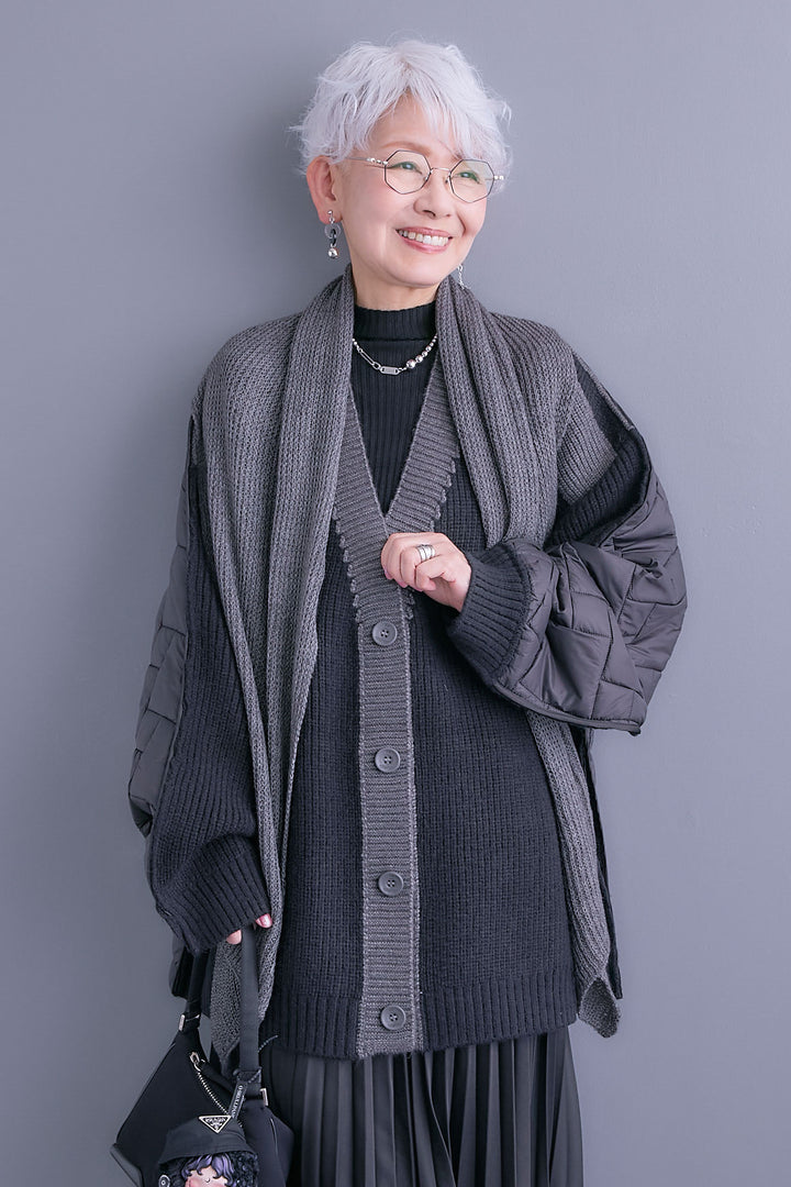 【SET】バックキルティングローゲージニットカーディガン【ストール付き】+アシンメトリープリーツスカート(2set)