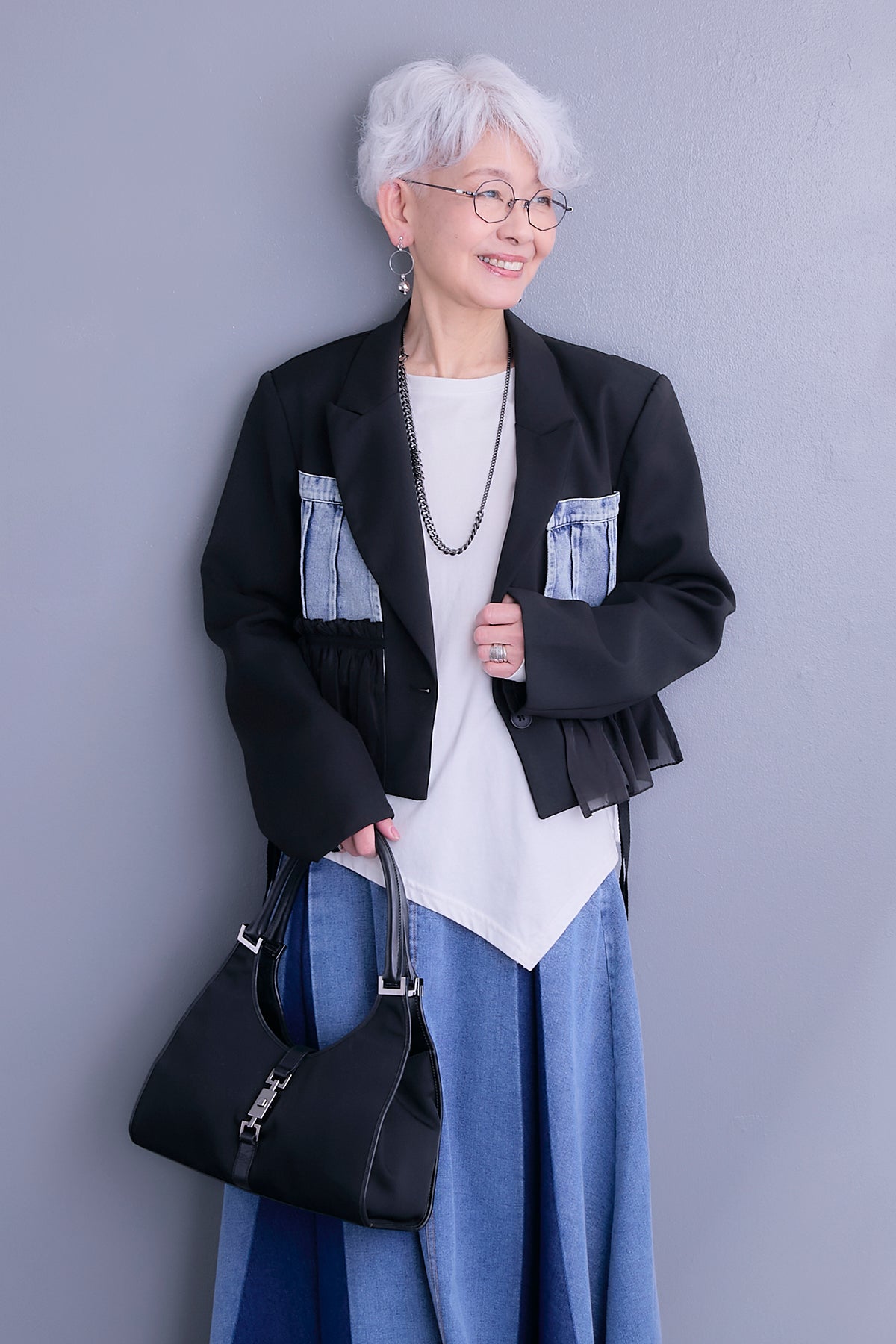 アシンメトリーロンT、プリーツスカート、ノーカラーデニムジャケット3set SET】フロッキードットチュールレイヤードブルゾン+アシンメトリーロン