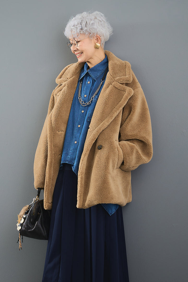 【SET】ヴィンテージアシンメトリーデニムシャツ+テディボアミディコート+デニムドッキングプリーツスカート(3set)