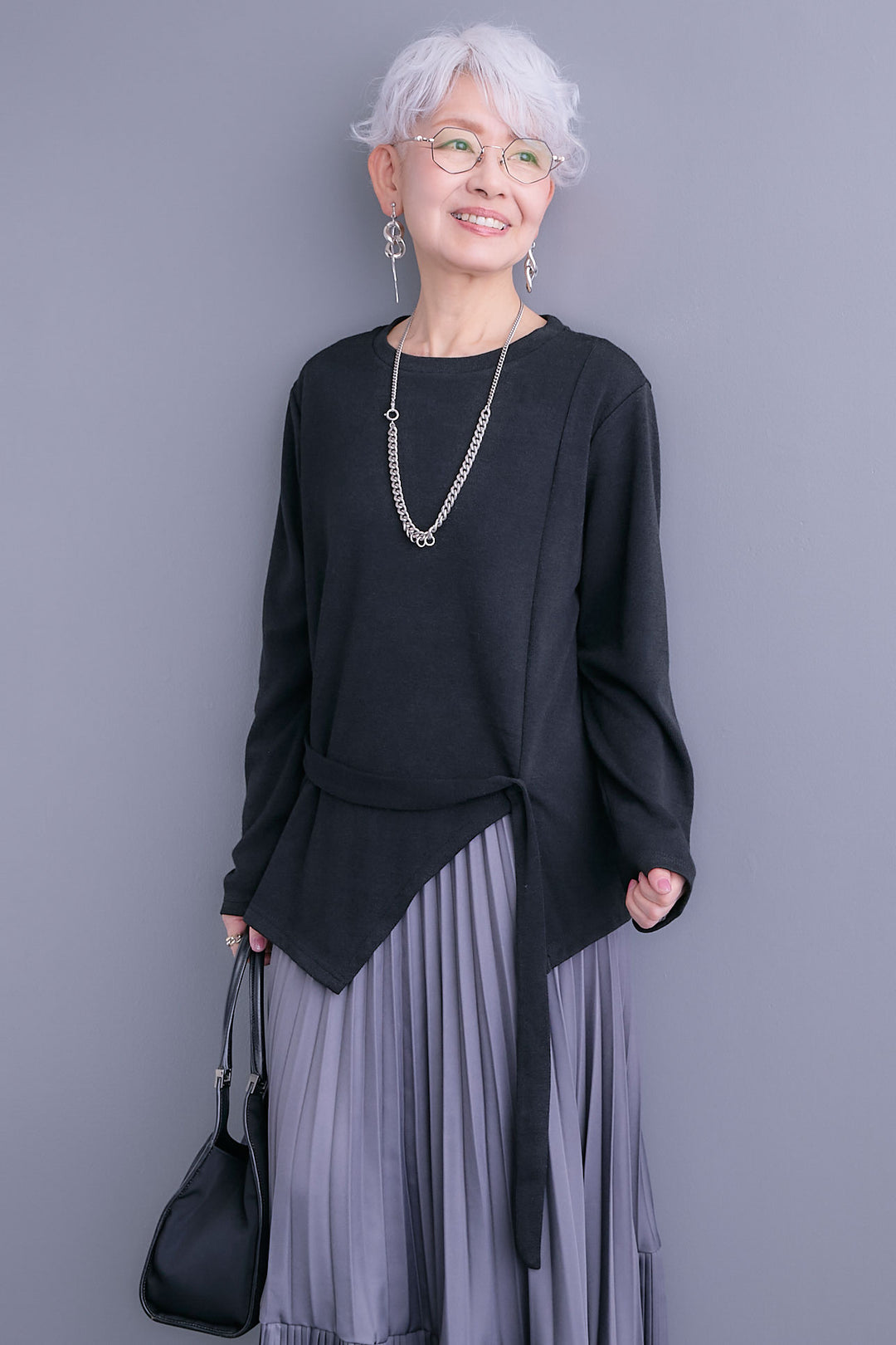 【SET】ウエストベルトアシンメトリーニットトップス+アシンメトリープリーツスカート(2set)