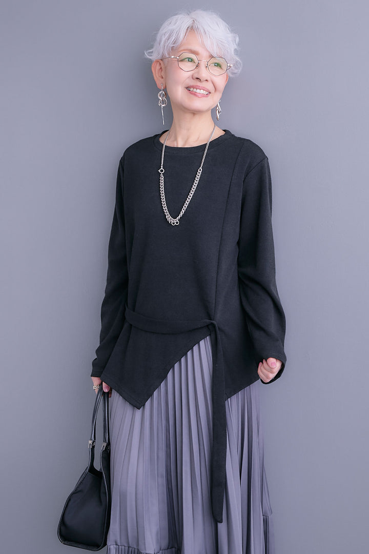 【SET】ウエストベルトアシンメトリーニットトップス+アシンメトリープリーツスカート(2set)