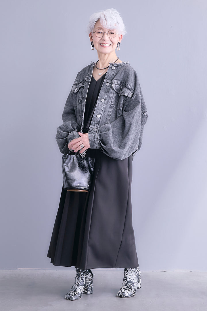 【SET】ボリュームスリーブノーカラーデニムジャケット+ワイドプリーツドッキングワンピース(2set)