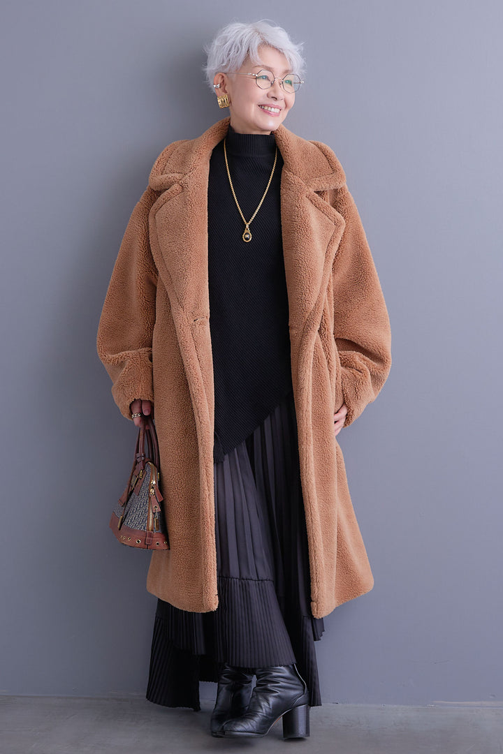 【SET】アシンメトリーオーバーニット+テディボアロングコート+アシンメトリープリーツスカート(3set)