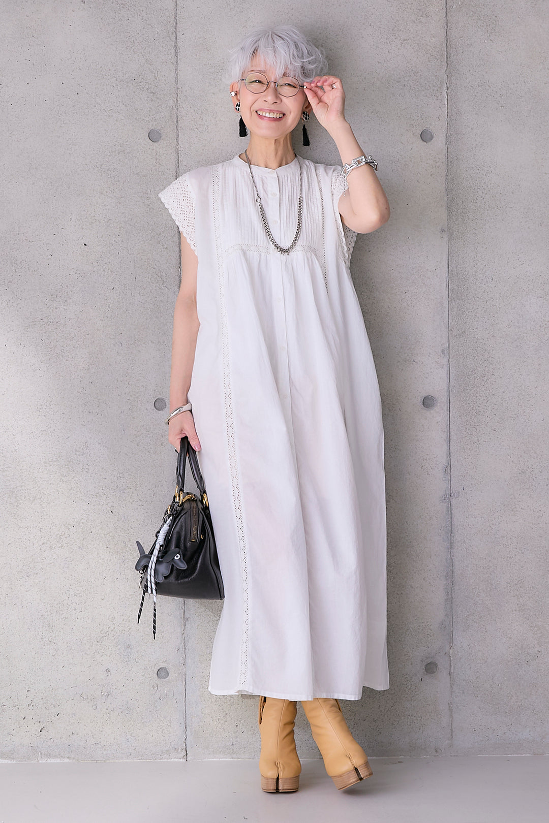 【予約】ピンタックレースショルダーシャツワンピース