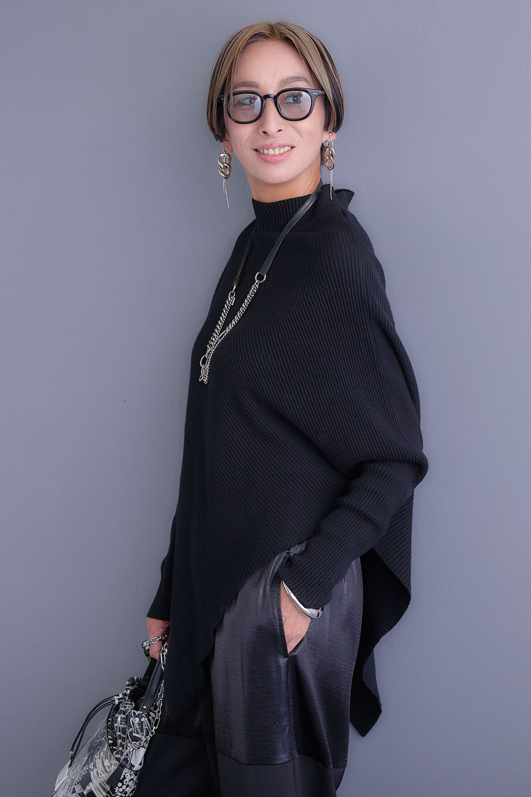 【SET】アシンメトリーオーバーニット+パテントデザインワイドパンツ(2set)