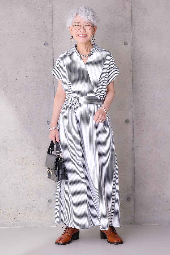 【予約】ストライプスキッパーカシュクールワンピース