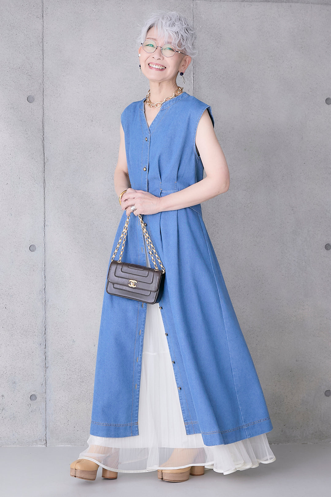 【SET】バックタイノースリーブデニムワンピース+2WAYラメサテンプリーツ×シアーティアードチュールスカート(2set)