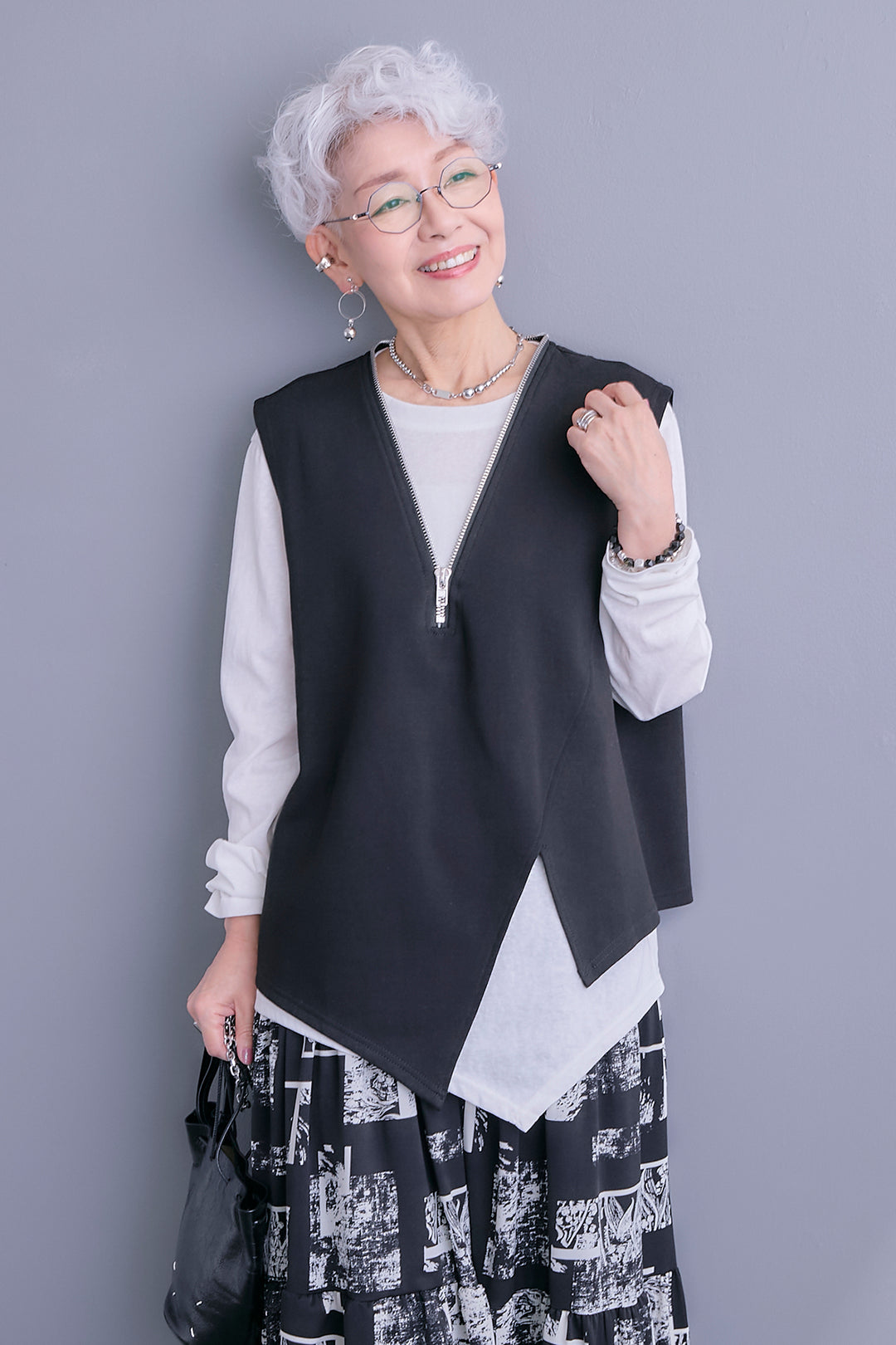 【SET】ZIPオープンVネックベスト+アシメロンT+スズランモノトーンフレアスカート(2set)