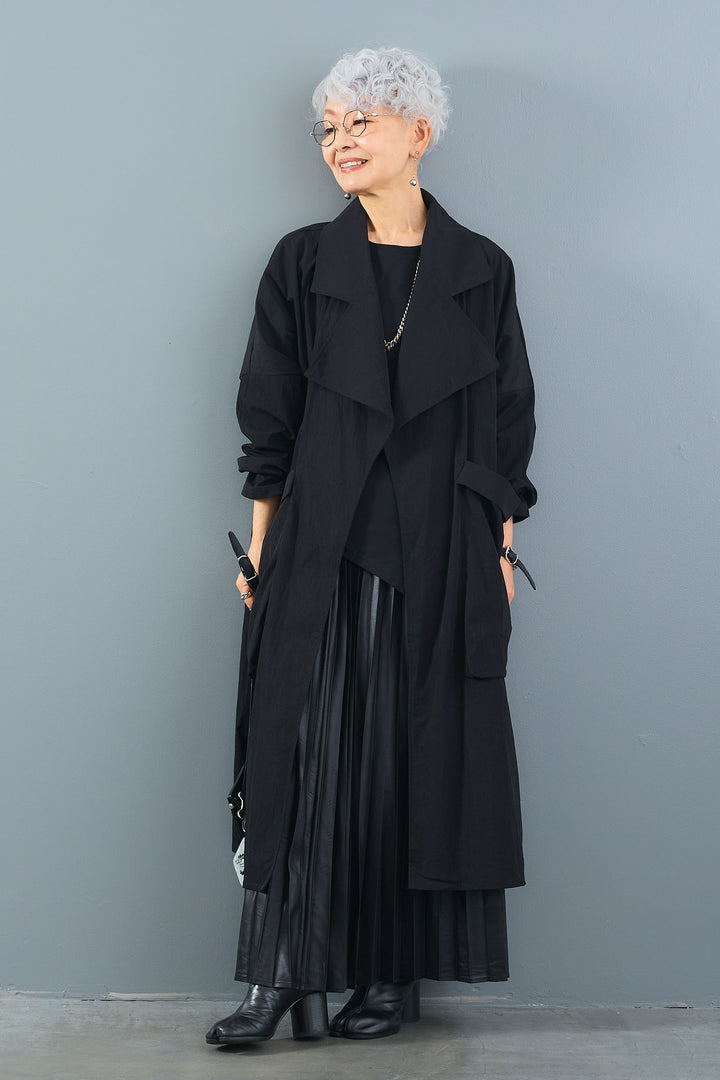 【SET】アシンメトリーロンT+ワッシャートレンチライクライトコート+レザーライクプリーツスカート(3set)